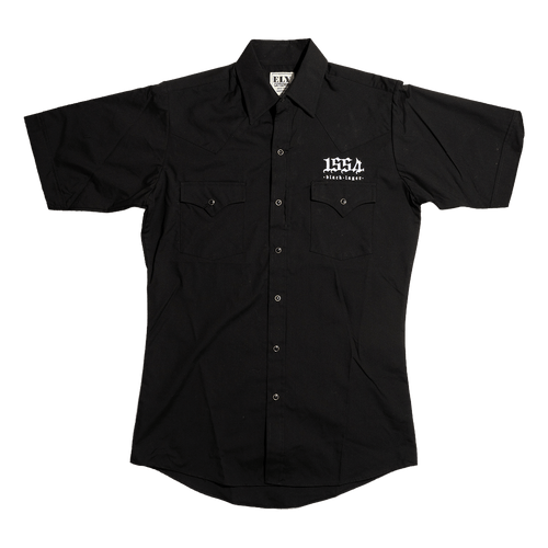 New Belgium 1554 black lager work shirt, snap up front view