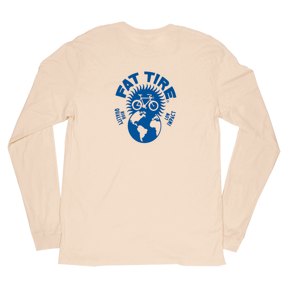 New Belgium Fat Tire cream long sleeved shirt, back of shirt with graphic