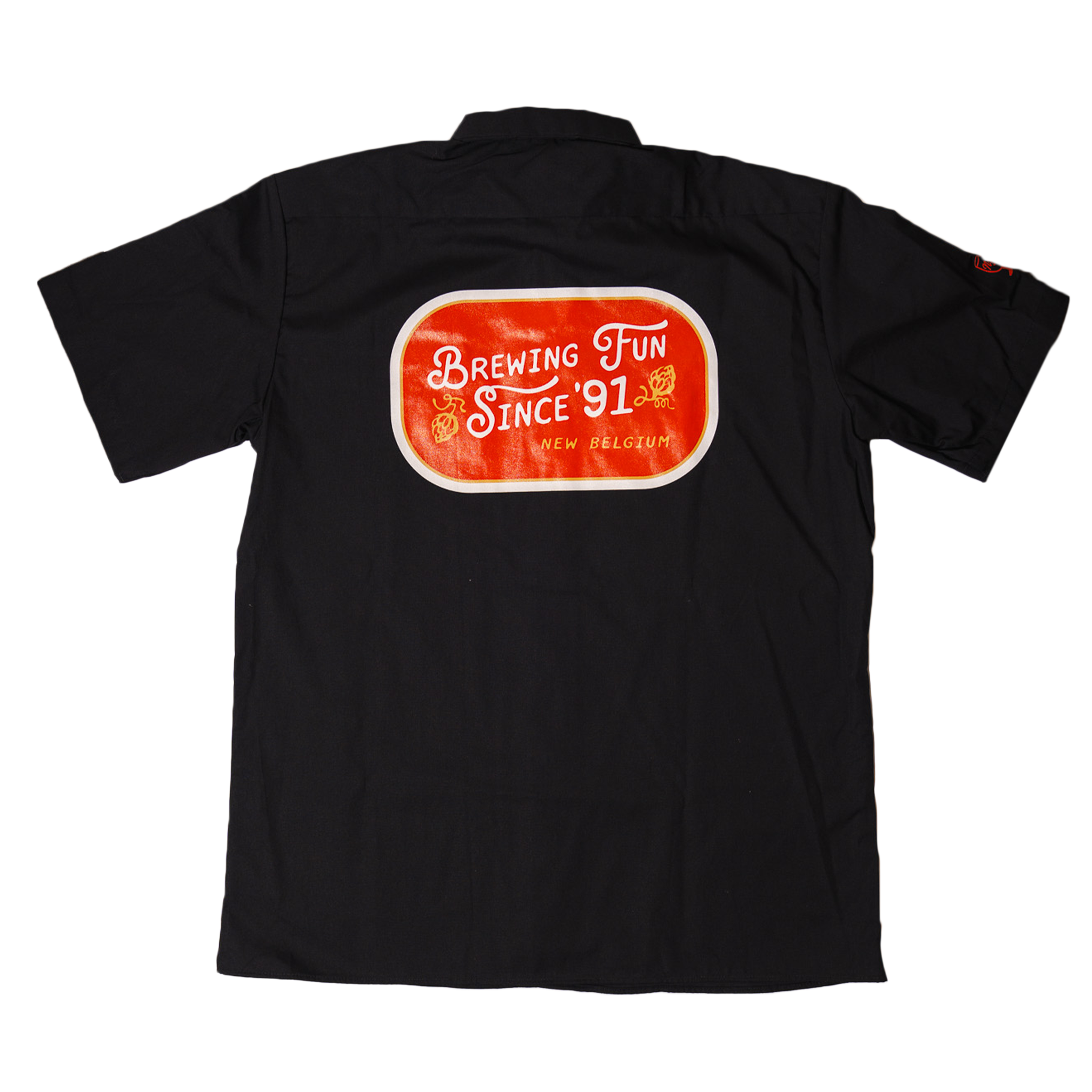 Back view of black new belgium shirt with a "brewing fun since '91" design on the back
