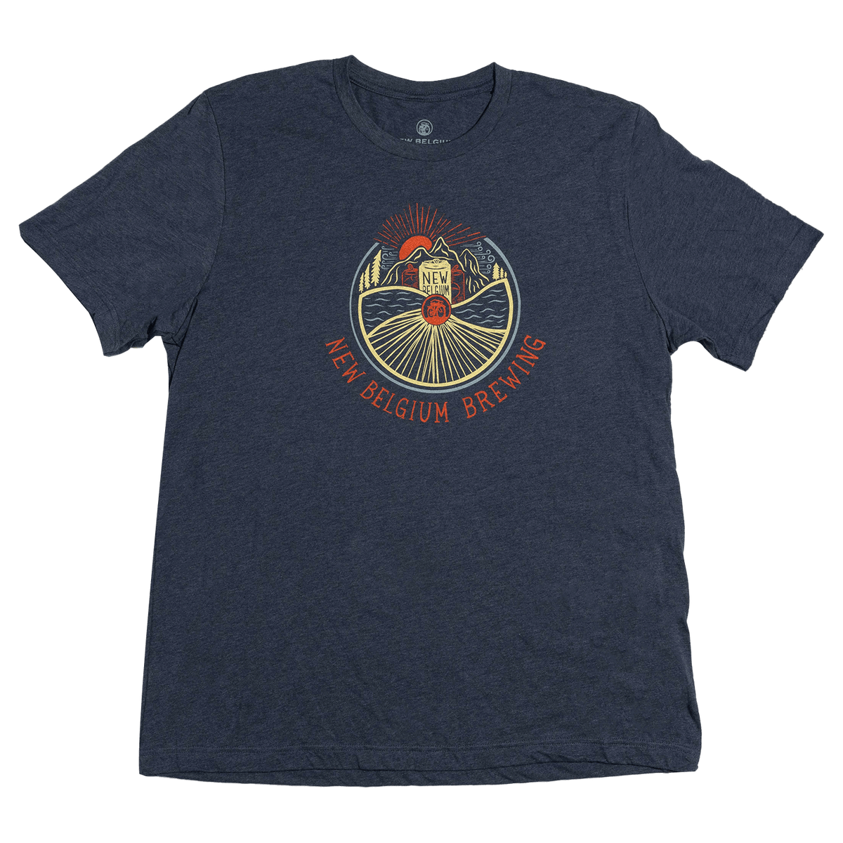 New Belgium cans in the sun t-shirt navy heathered shirt with front graphic