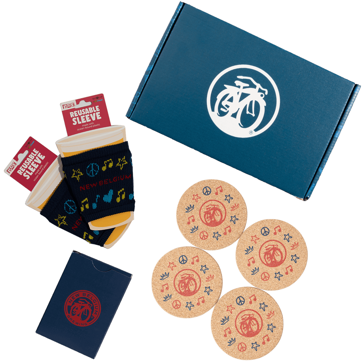 New Belgium card night gift bundle kit with playing cards, four branded cork coasters and two freaker can sleeves in branded box