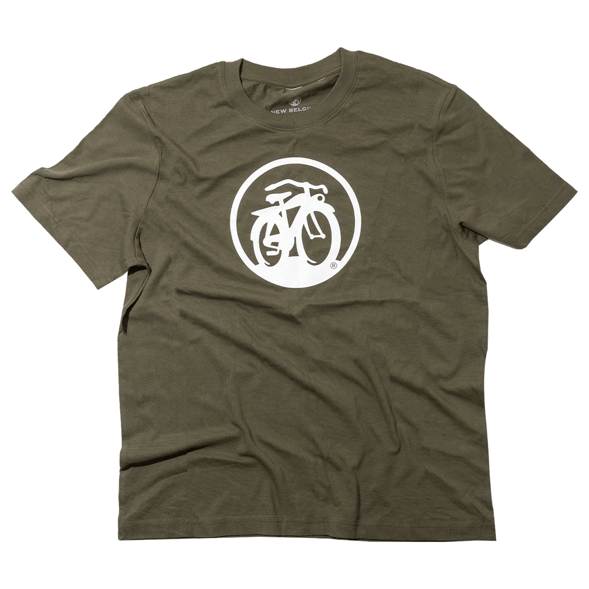 New Belgium dark green t-shirt with white bicycle logo on the front.