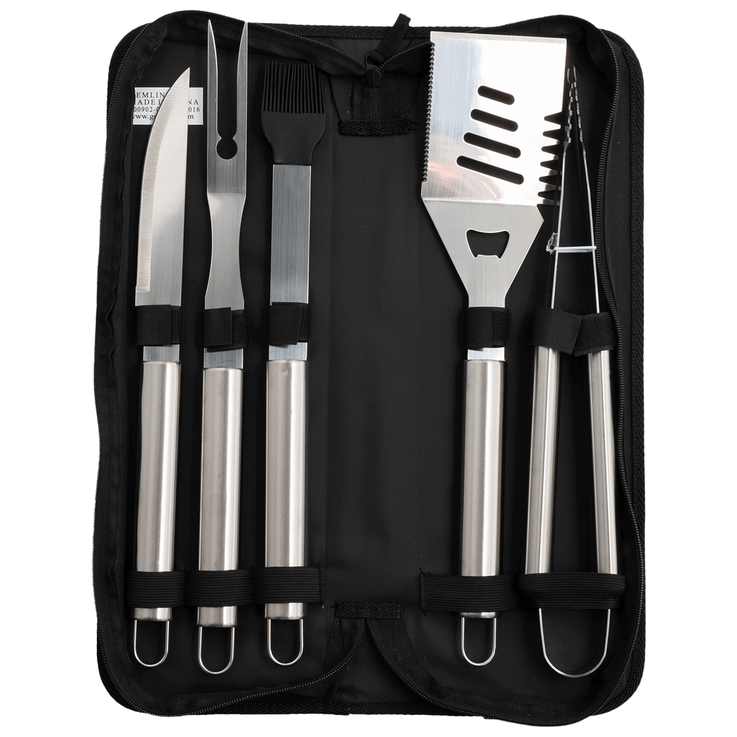 New Belgium grill utensil kit with many grill accessories in a branded carrying tote