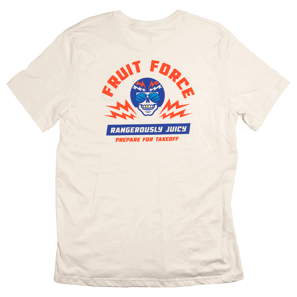 Voodoo Ranger Fruit Force T-shirt, white  with "Fruit force, rangerously juicy, prepare for take off" on the front with Voodoo Ranger face