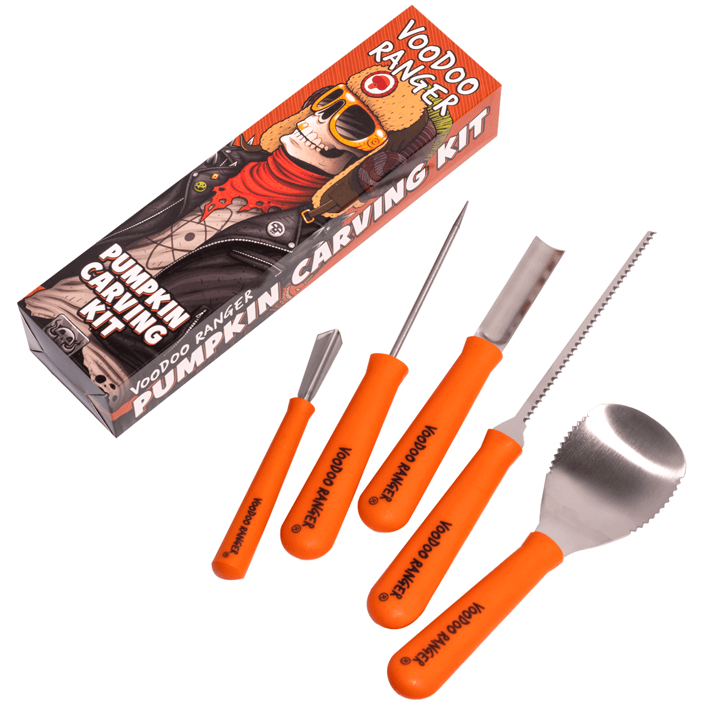 Voodoo Ranger Pumpkin carving kit with plastic handled knives ad branded box