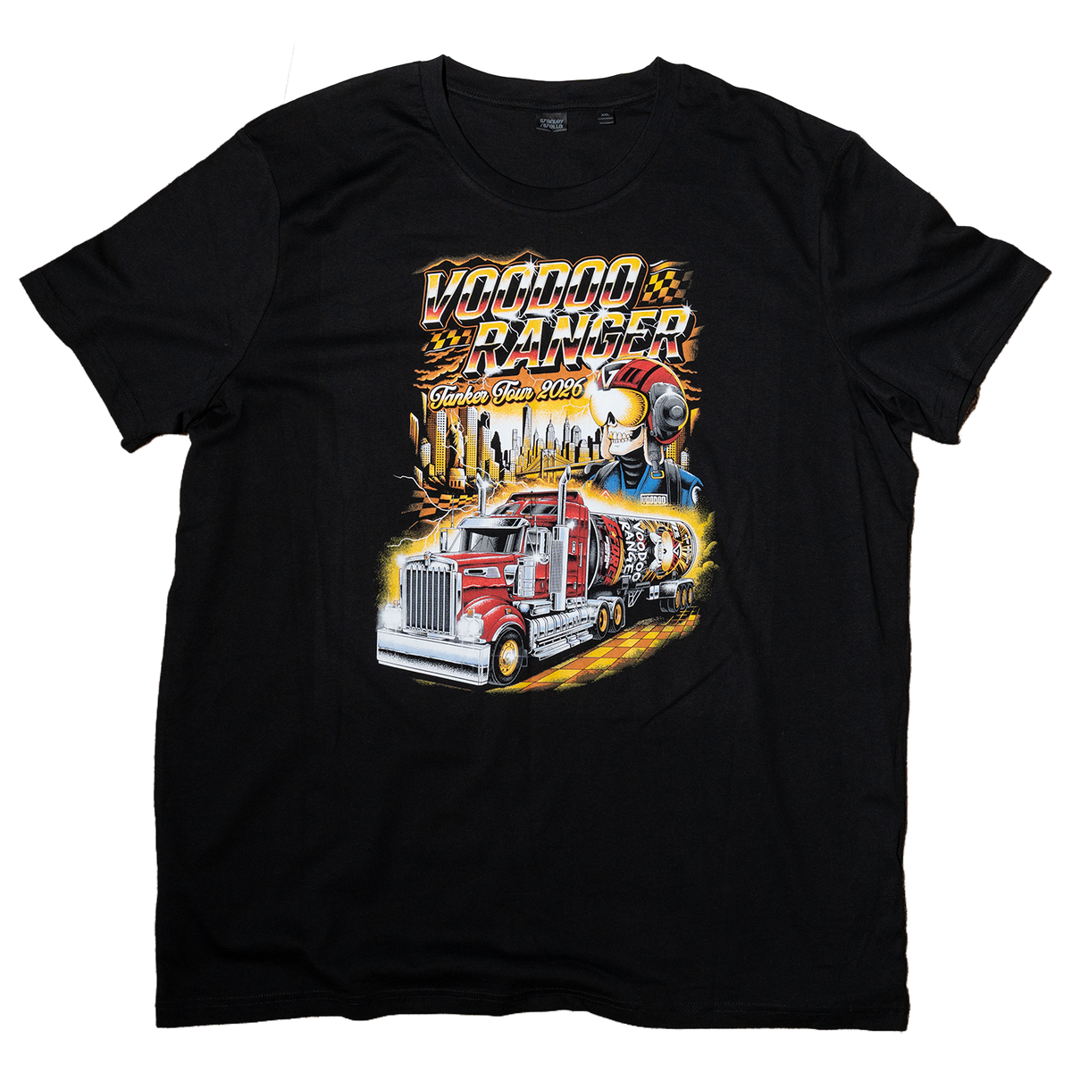 Voodoo Ranger Tanker Tour T-shirt black, front view with big trucker graphic on front, new belgium
