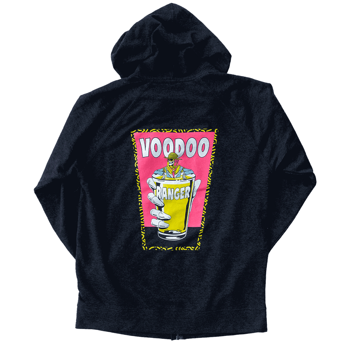 Voodoo Ranger Back of heathered grey, cotton poly blend zip hoodie with big Voodoo Ranger graphic