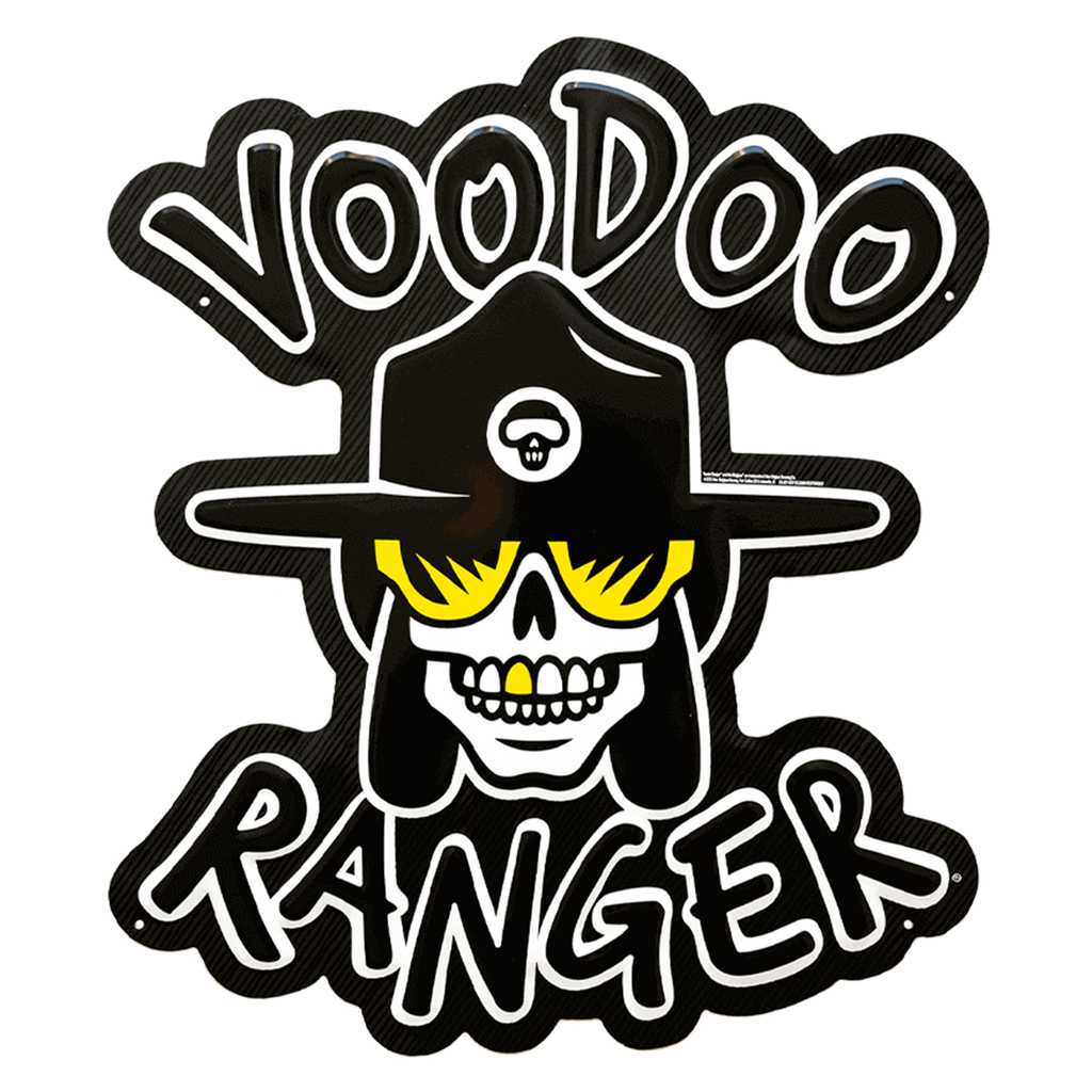a metal tacker sign with the words voodoo ranger and the face f voodoo ranger with hat and sunglasses in the middle