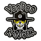 a metal tacker sign with the words voodoo ranger and the face f voodoo ranger with hat and sunglasses in the middle
