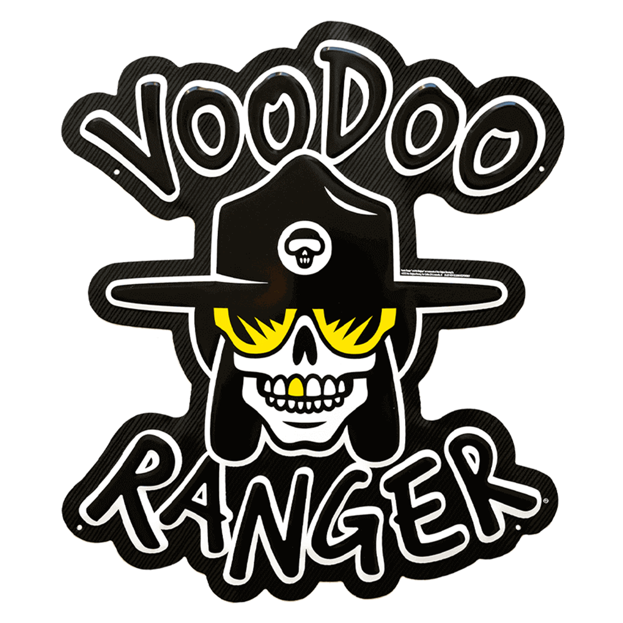 a metal tacker sign with the words voodoo ranger and the face f voodoo ranger with hat and sunglasses in the middle