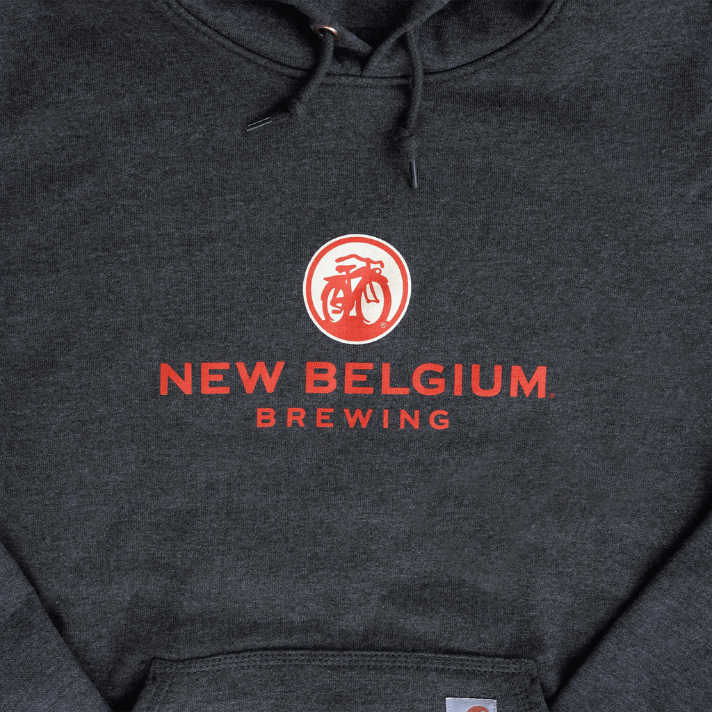 Close-up of New Belgium logo on the center of the hoodie
