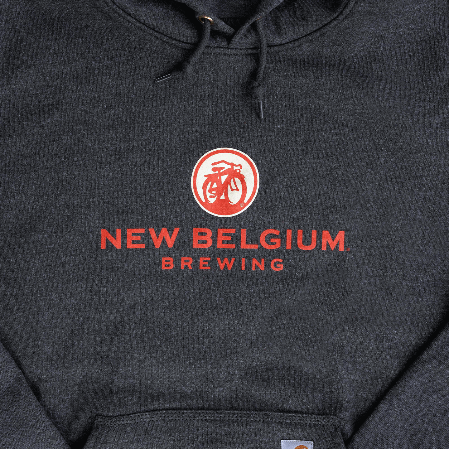 Close-up of New Belgium logo on the center of the hoodie