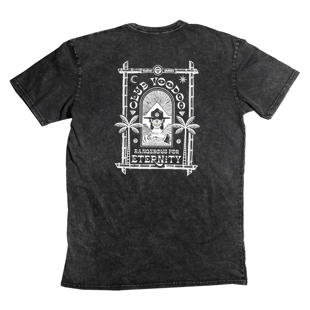 Stoned washed black t-shirt back view with the club voodoo logo that reads  Club Voodoo Rangerous for Eternity 
