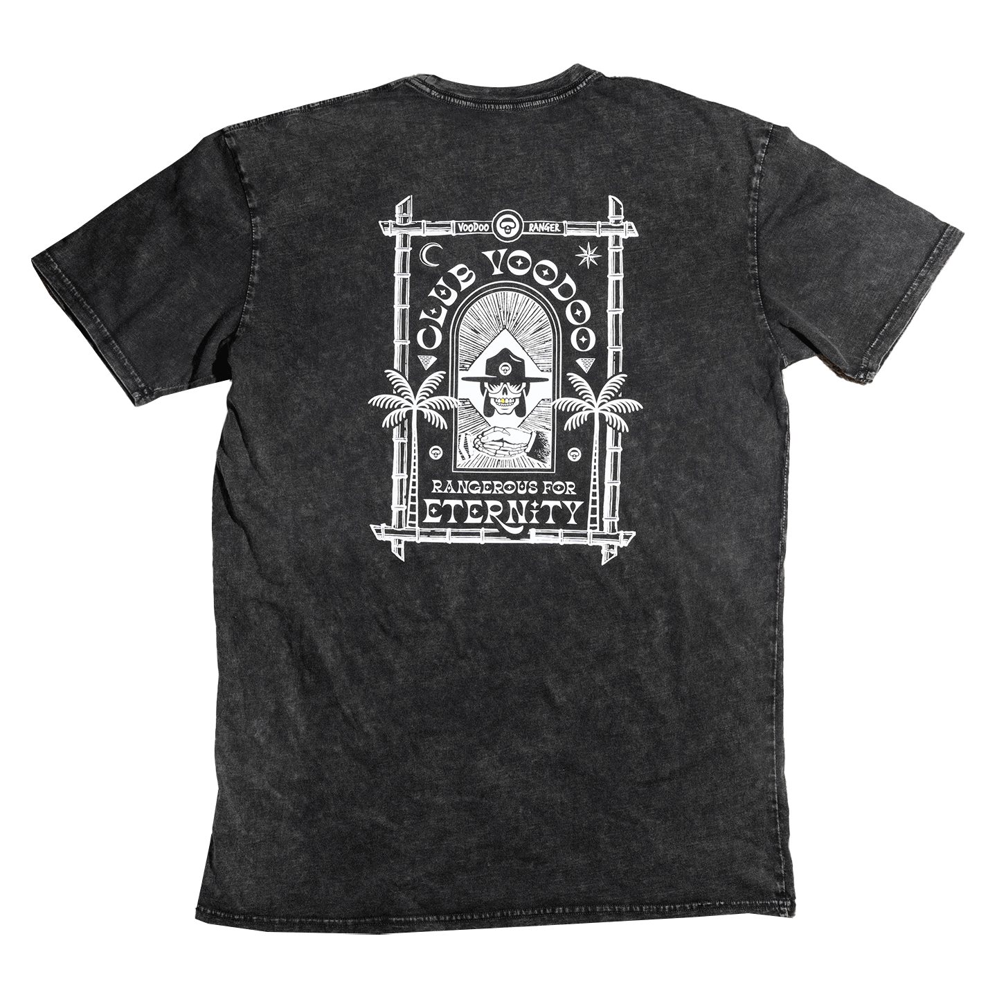 Stoned washed black t-shirt back view with the club voodoo logo that reads  Club Voodoo Rangerous for Eternity 