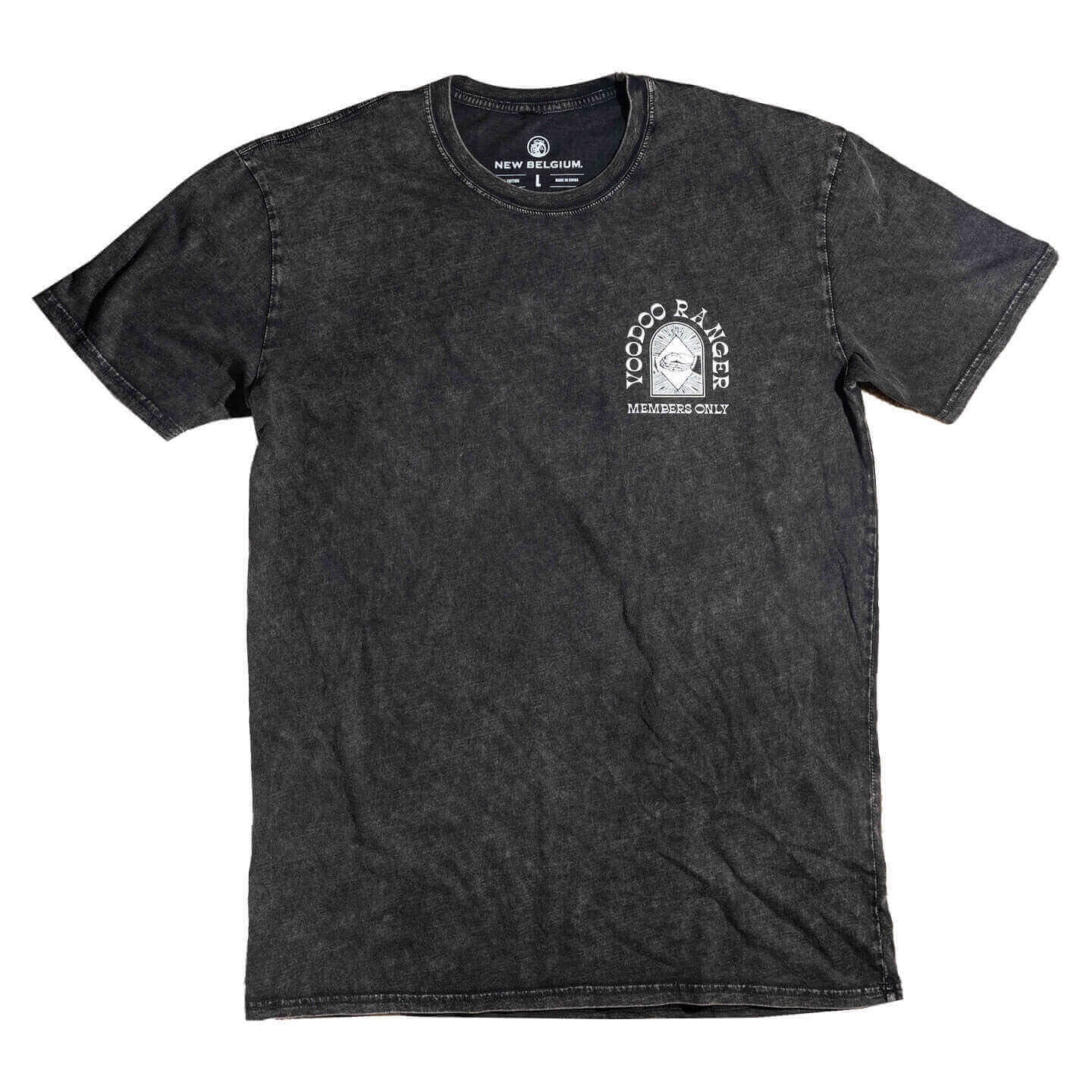 Stoned washed black t-shirt front view with the club voodoo logo on the top right that reads  Voodoo Ranger Members Only 
