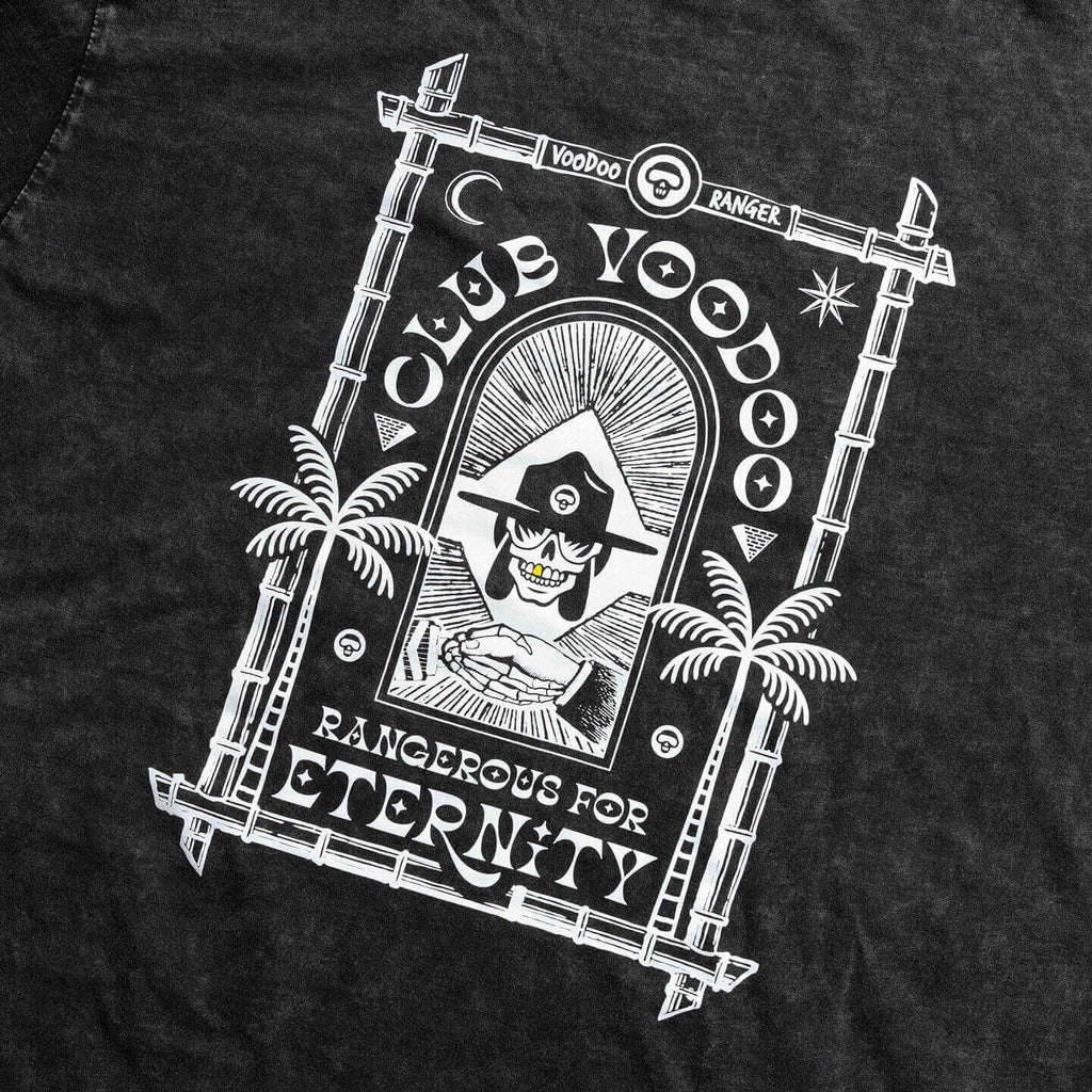 Close up of the logo on the back of the t-shirt that reads  Club Voodoo Rangerous for Eternity 