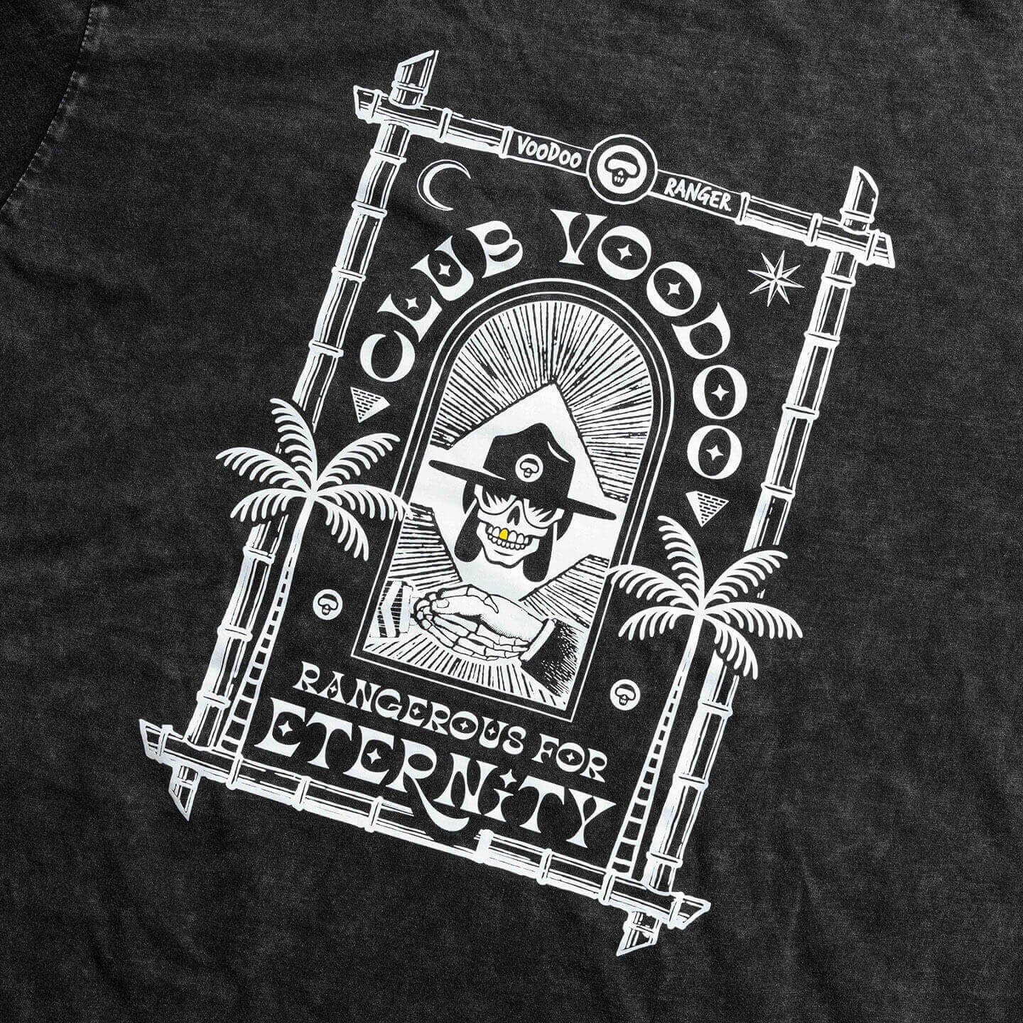 Close up of the logo on the back of the t-shirt that reads  Club Voodoo Rangerous for Eternity 