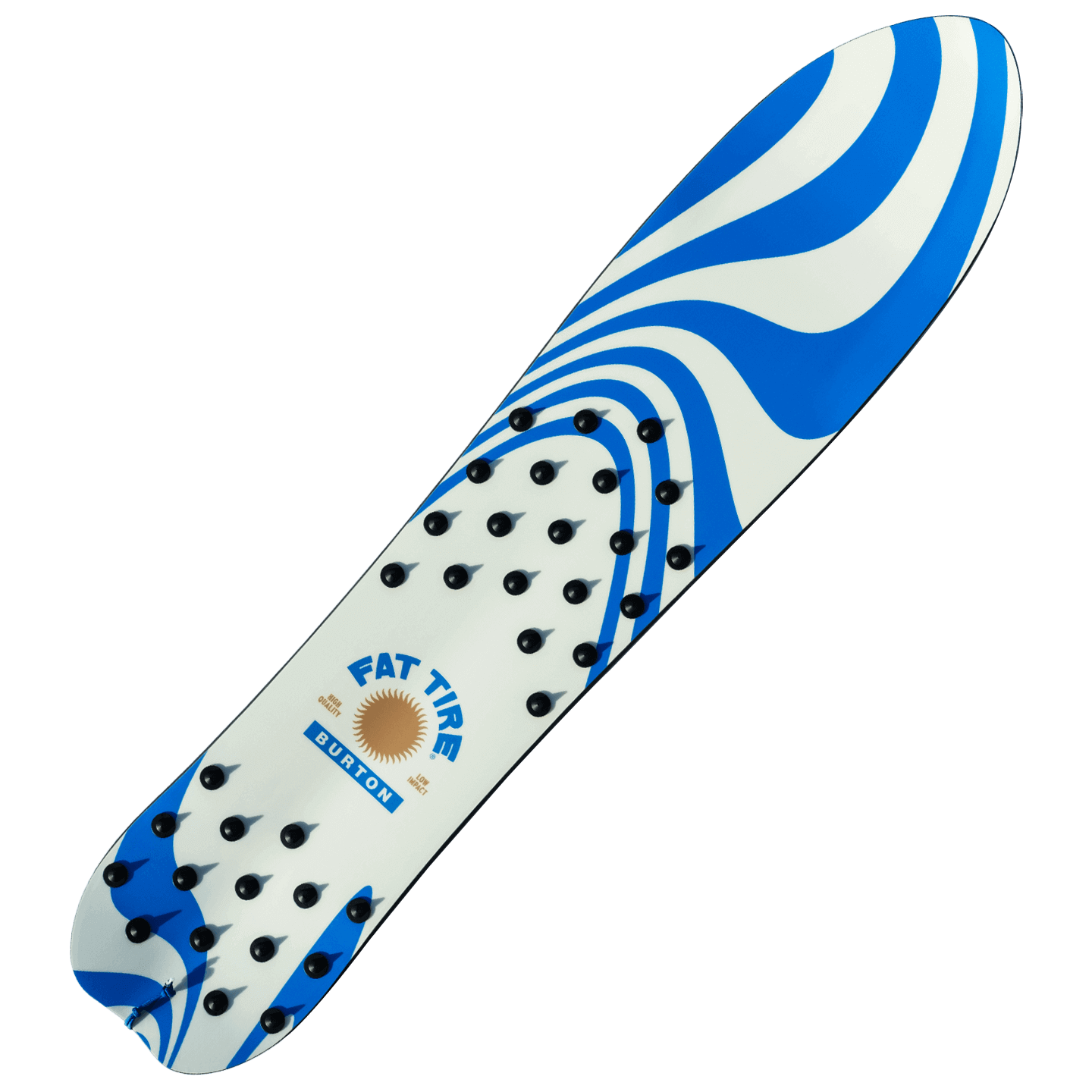Top side of blue and white Burton x Fat Tire backseat driver surfing snowboard