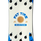 Close-up of center of surfing snowboard with Burton and Fat Tire logos 