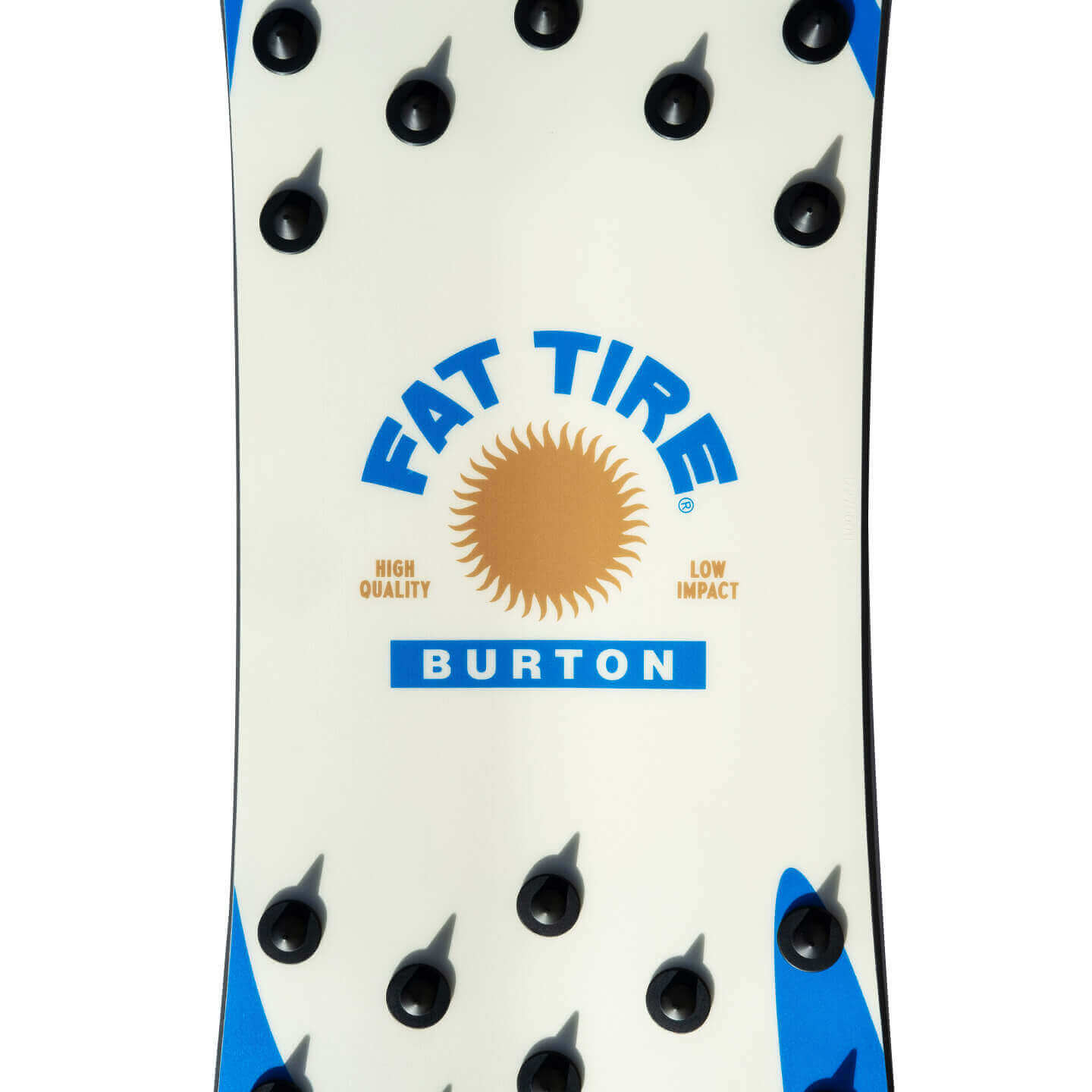 Close-up of center of surfing snowboard with Burton and Fat Tire logos 