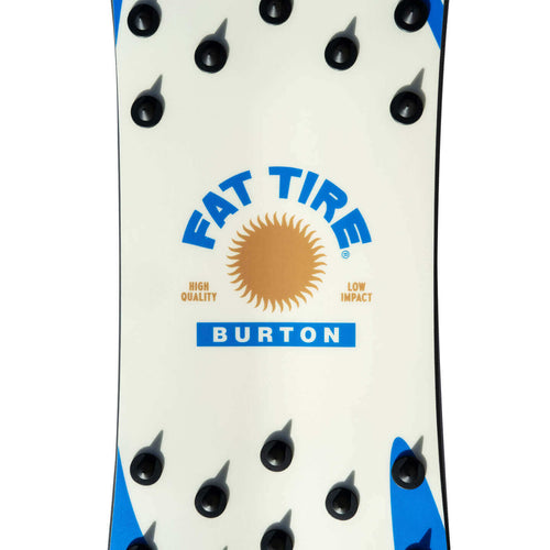 Close-up of center of surfing snowboard with Burton and Fat Tire logos 
