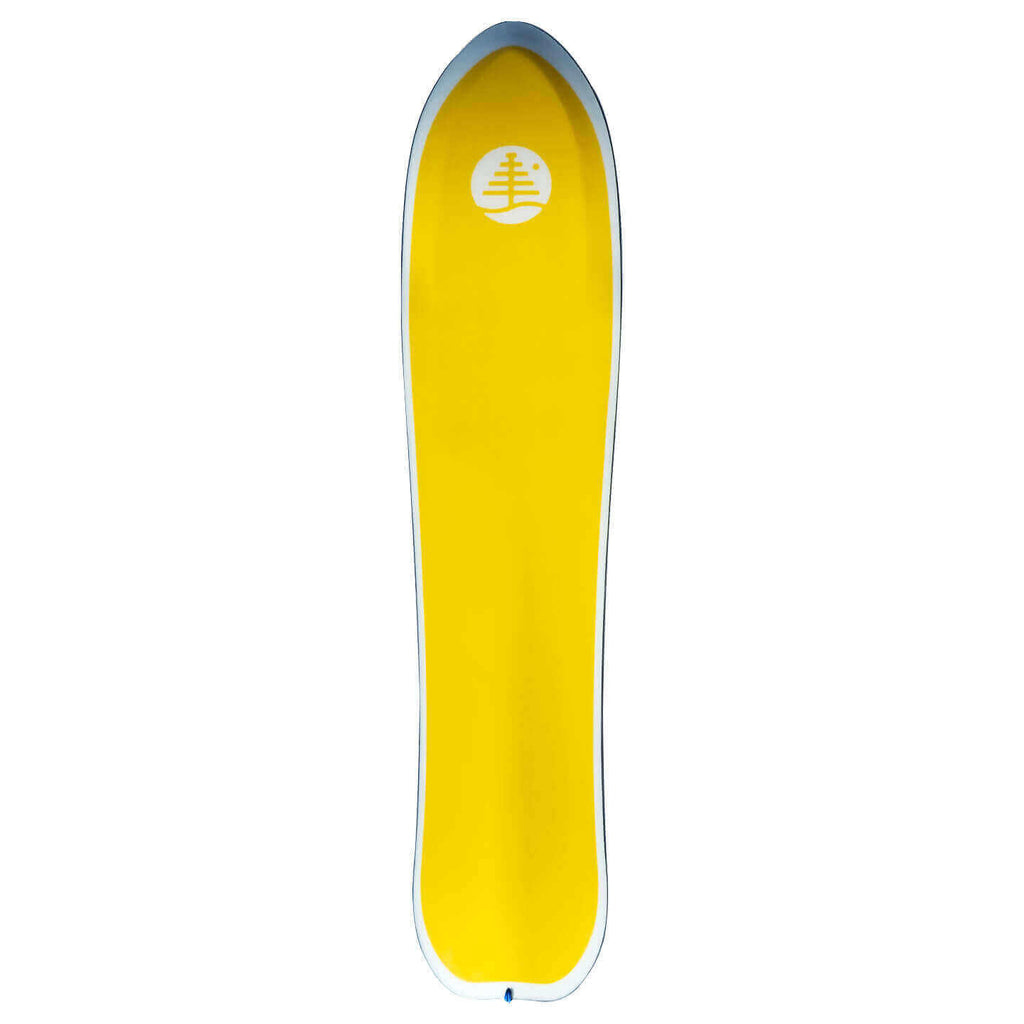The yellow and white under side of pow surfing snowboard