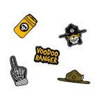 The five Voodoo Ranger Jibbitz: a yellow beer can, the Voodoo Ranger character head, a skeleton foam finger, the Voodoo Ranger wide-brimmed hat, and the Voodoo Ranger logo. 
