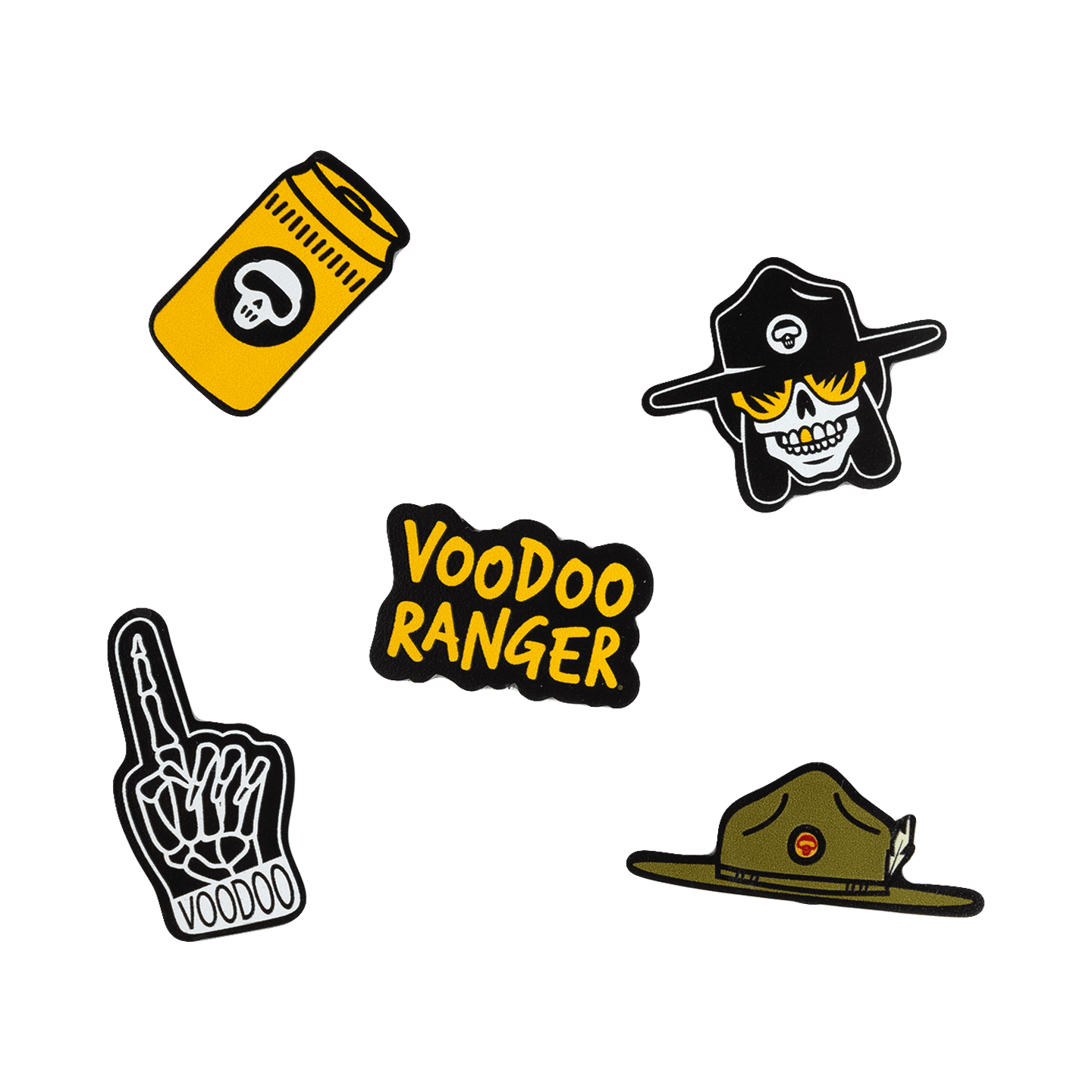 The five Voodoo Ranger Jibbitz: a yellow beer can, the Voodoo Ranger character head, a skeleton foam finger, the Voodoo Ranger wide-brimmed hat, and the Voodoo Ranger logo. 