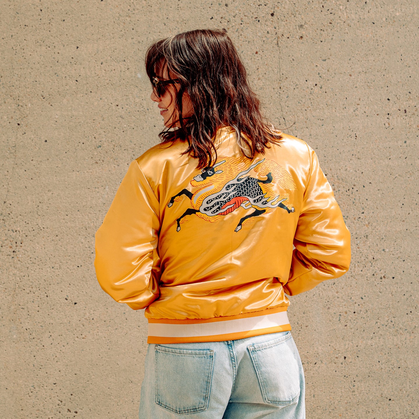 Kirin Gold Satin Bomber Jacket