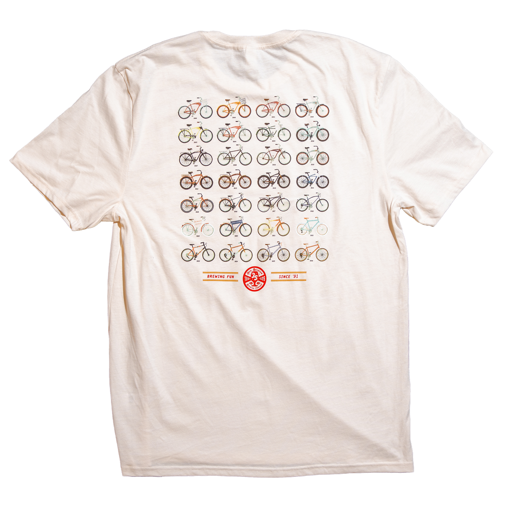 New Belgium 35th Anniversary Bike T-Shirt featuring a lineup of iconic cruiser bike designs