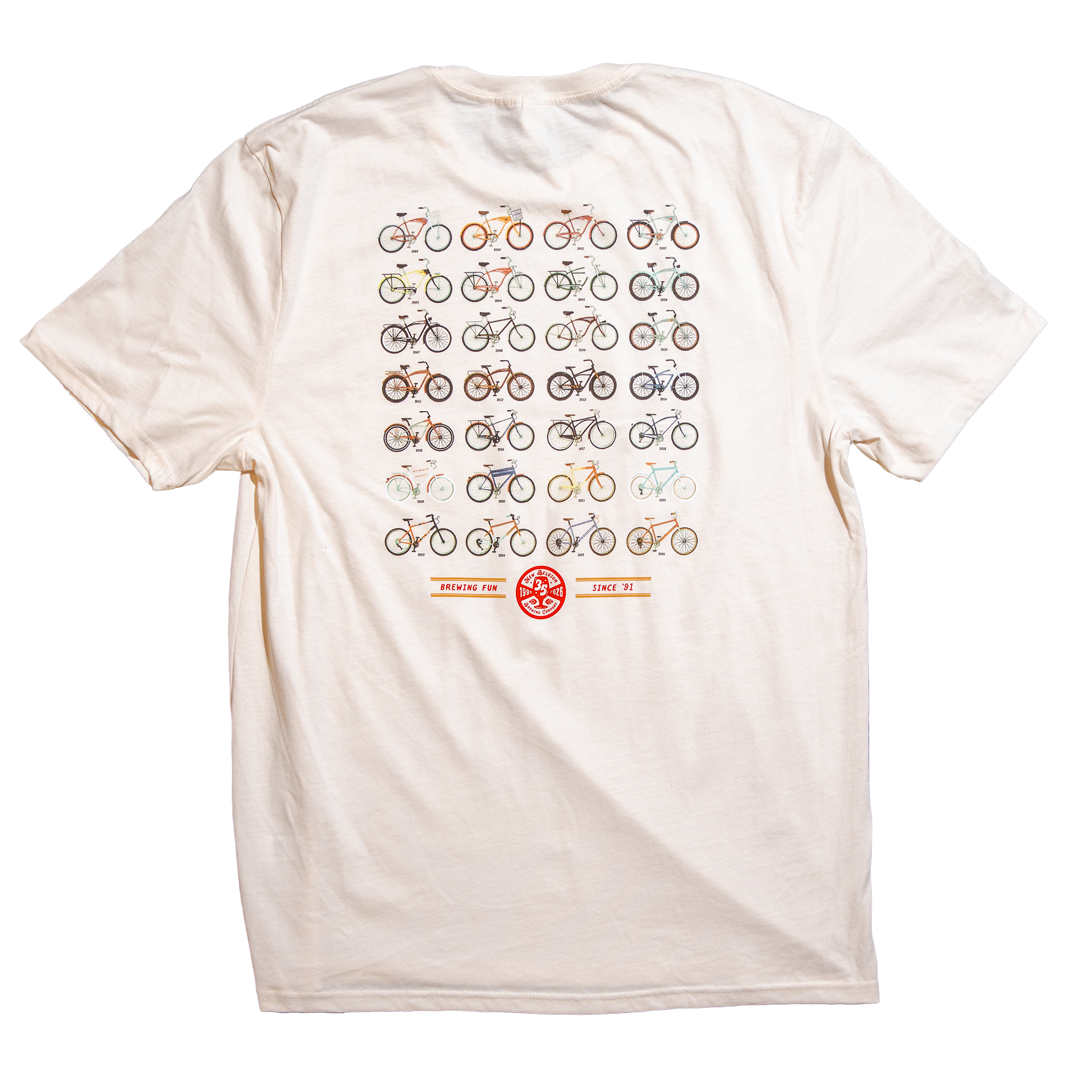 New Belgium 35th Anniversary Bike T-Shirt featuring a lineup of iconic cruiser bike designs