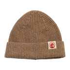 front view of oatmeal colored knit cashmere beanie with small New Belgium bike logo tag sewed to cuff