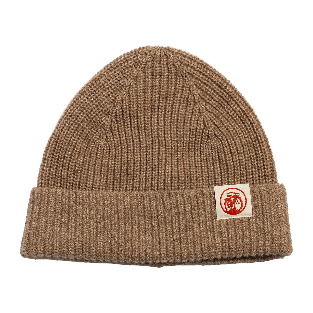 front view of oatmeal colored knit cashmere beanie with small New Belgium bike logo tag sewed to cuff