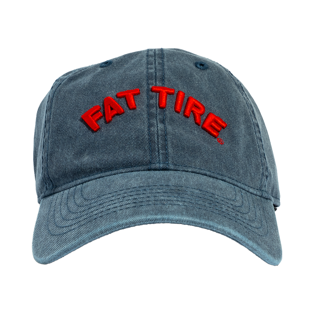 front view of navy jean style hat with red Fat Tire embroidered across the front