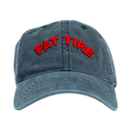 front view of navy jean style hat with red Fat Tire embroidered across the front