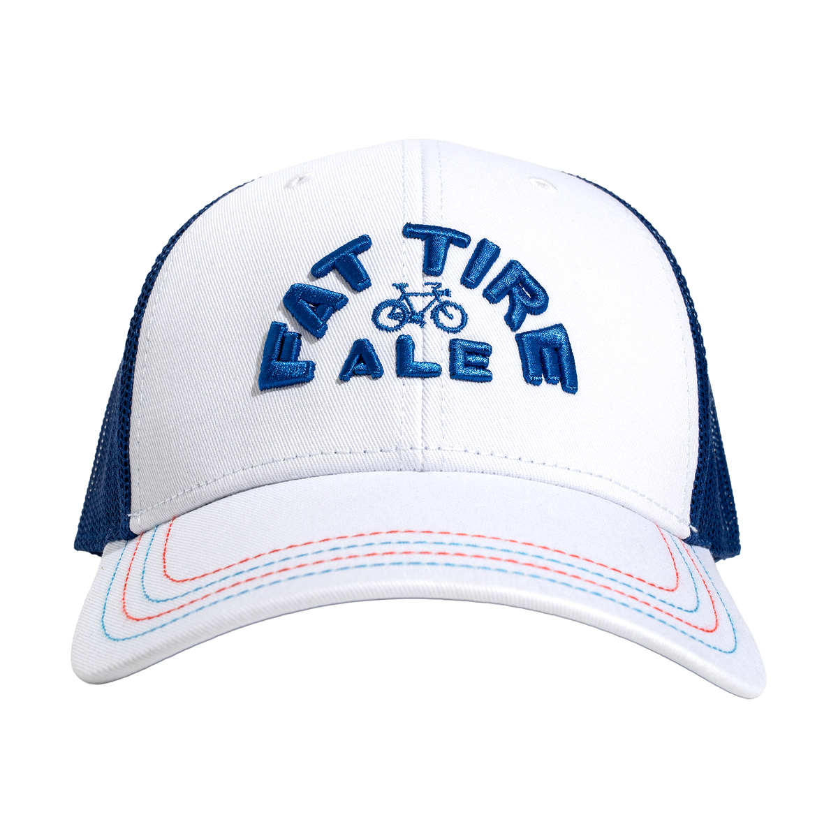 front view of white trucker hat with navy blue mesh back and Fat Tire Ale across the front with small bike 