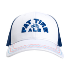front view of white trucker hat with navy blue mesh back and Fat Tire Ale across the front with small bike 