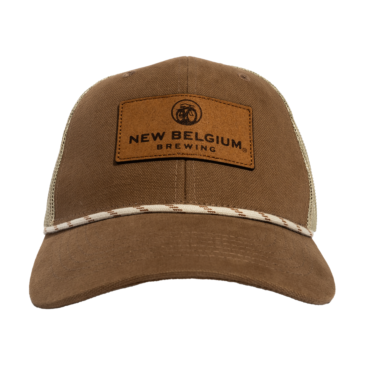 front view of a brown canvas trucker hat with a white rope detail across front brim and a leather patch of New Belgium Brewing with a bike on the front