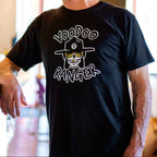 Man wearing t-shirt. It has a relaxed fit and mid-length short sleeves. 