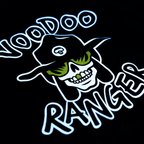 Close-up of the logo that is laser-printed on the shirt. Voodoo Ranger has yellow glasses on and one yellow front tooth. 