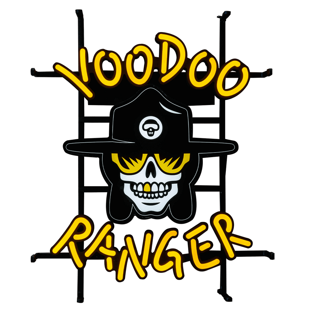 LED sign that features the Voodoo Ranger character head with yellow glasses and a yellow tooth and the words Voodoo Ranger