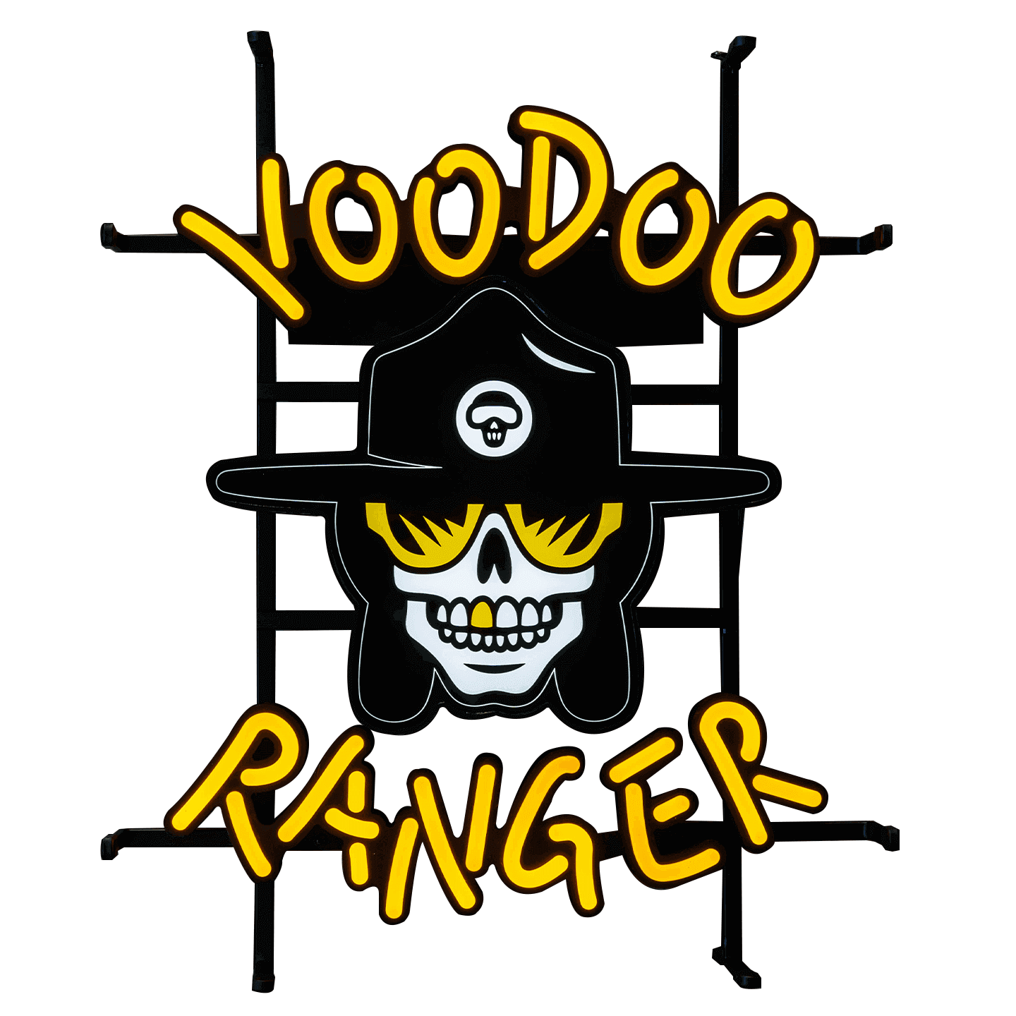 LED sign that features the Voodoo Ranger character head with yellow glasses and a yellow tooth and the words Voodoo Ranger