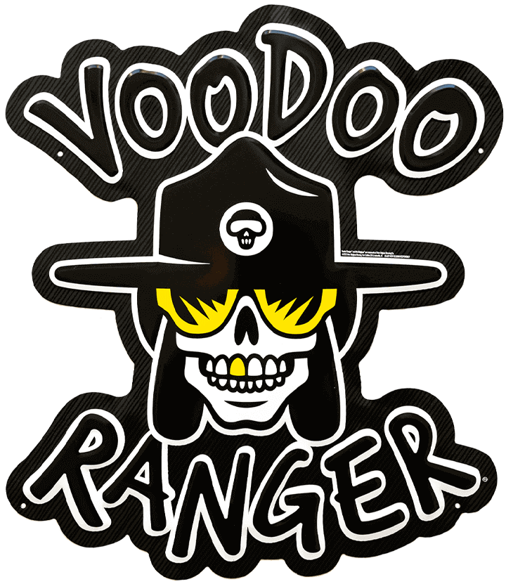 Metal sign that features the Voodoo Ranger character head with yellow glasses and a yellow tooth and the words Voodoo Ranger