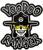 Metal sign that features the Voodoo Ranger character head with yellow glasses and a yellow tooth and the words Voodoo Ranger