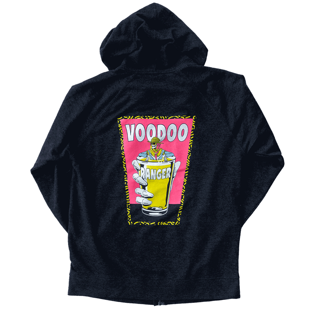 Back of heathered grey, cotton poly blend hoodie. 