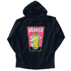 Back of heathered grey, cotton poly blend hoodie. 
