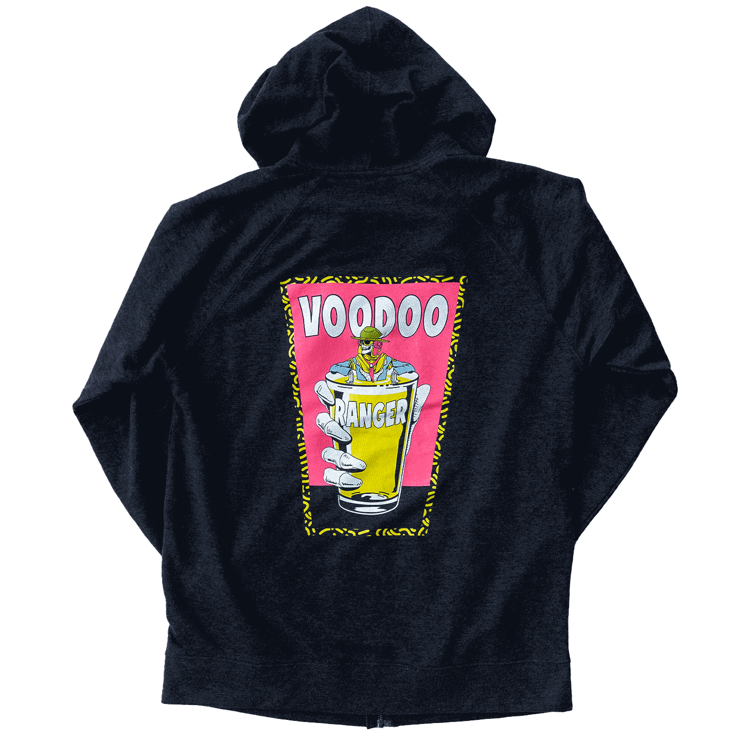 Back of heathered grey, cotton poly blend hoodie. 